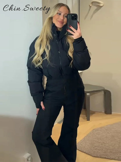 Warm Women's Skiwear Jumpsuit With Belt Stand Collar Full Sleeve Zipper Straight Thicken Jumpsuits 2026 Winter Lady Chic Clothes