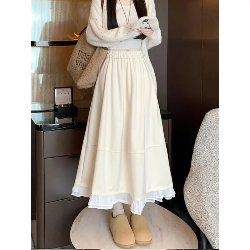 FOTVOTEE Japanese Autumn Woolen Midi Skirt for Women Elastic High Waist Ruffle Hem A Line Skirts Women Loose Draped Casual Skirt