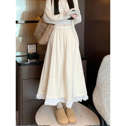 FOTVOTEE Japanese Autumn Woolen Midi Skirt for Women Elastic High Waist Ruffle Hem A Line Skirts Women Loose Draped Casual Skirt