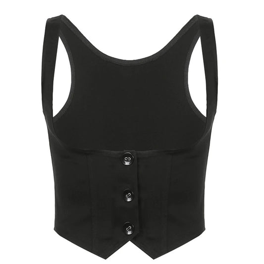 Women Gothic Vintage Dressy Waistcoat Solid Color Black Racerback Mini Vest Tuxedo Suit Steampunk 3 Button Slim Jacket