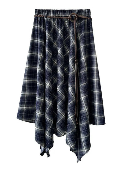 Fashionable Retro Plaid Asymmetrical High Waist Midi Skirt Women's Autumn Winter New Belted Full A-Line Skirt Long Skirt