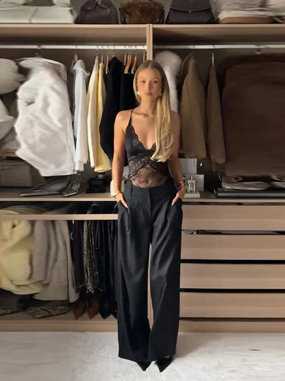 Sexy Lace Trim Bodysuit Women V-neck Sleeveless Back Lace Up Perspective Solid Tops Lady Spring Summer Chic Casual Party Cloth