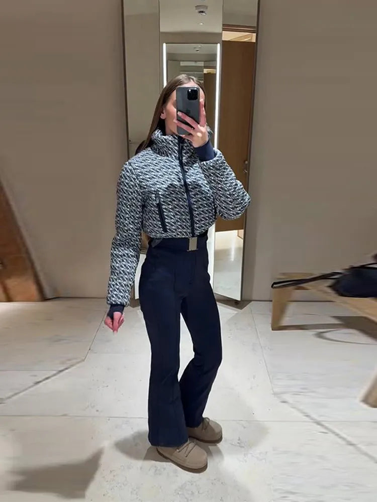Women's Fashion Ski Suit Hooded Full Sleeve Jacket White High-Waisted Flared Pants Set 2025 Female Fashion Ski Sport Outerwear