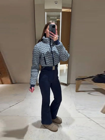 Women's Fashion Ski Suit Hooded Full Sleeve Jacket White High-Waisted Flared Pants Set 2025 Female Fashion Ski Sport Outerwear