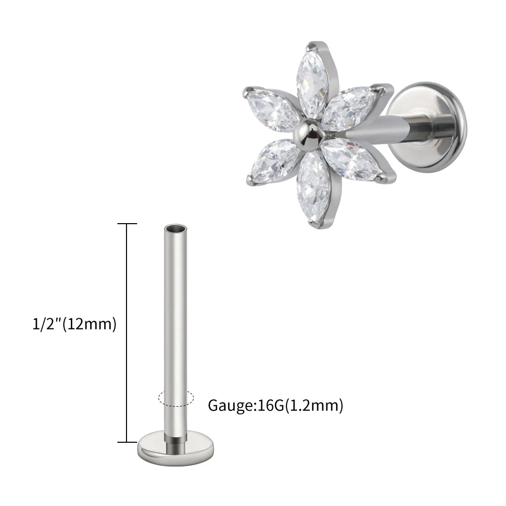Right Grand ASTM F136 Titanium 16G Marquise Flower CZ Labret Stud Helix Conch Cartilage Tragus Flat Back Piercing Body jewelry