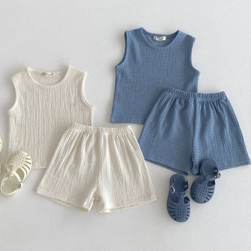 New Arrival Korean Style Solid Baby Gauze Homewear Children Breathable Loose Sleeveless Tank Tops + Shorts 2Pcs Thin Pajamas Set