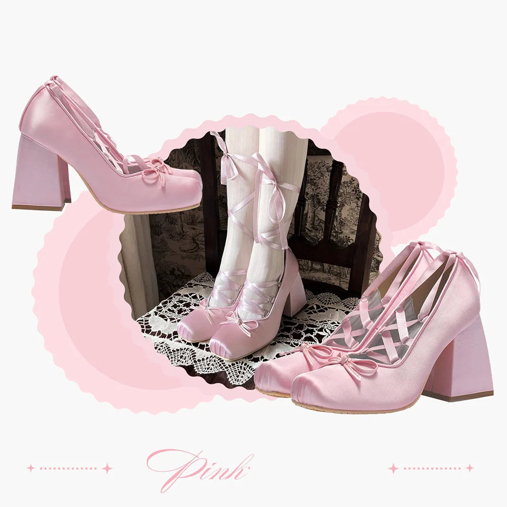 Brand Big Size 43 Square Heels Pink Cross-tied Ballerina Pumps Satin White Lace-up Sweet Lolita Mary Janes Ballet Shoes Women