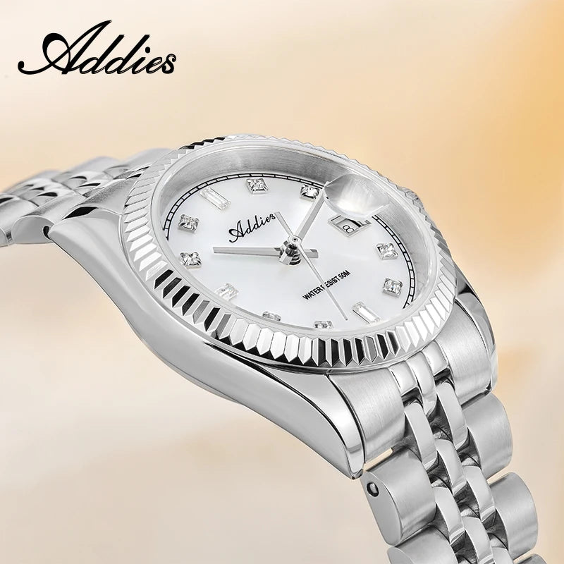 Addies Ladies Dress Watch Movement Mother-Of-Pearl Dial 28mm Sapphire Czech Rhinestone 50m Waterproof Sport Women Quartz Watch