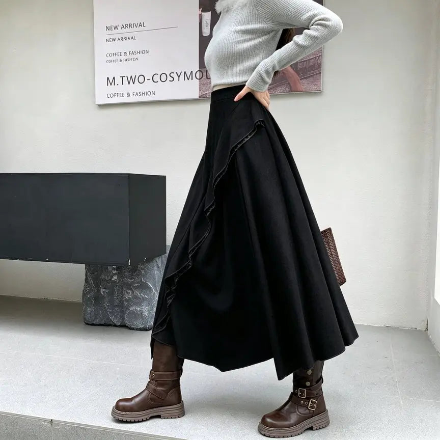 Midi Long Skirts Women Suede Skirt 2026 Goth Lolita Autumn Winter High Waist Ruffles Asymmetrical A-Line Pleated Skirt Maxi