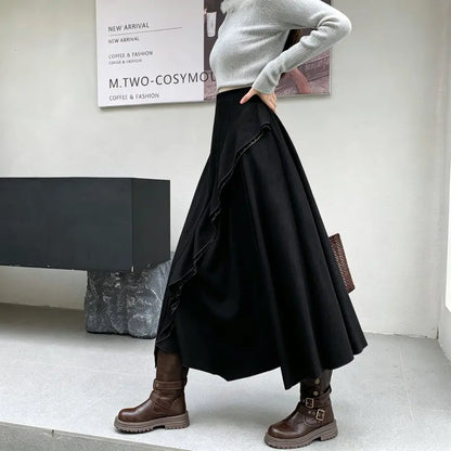 Midi Long Skirts Women Suede Skirt 2026 Goth Lolita Autumn Winter High Waist Ruffles Asymmetrical A-Line Pleated Skirt Maxi