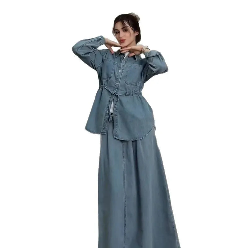 Denim 2 Piece Sets Women Muslim Shirt Coat Skirts Outfits Single Breasted Turn Down Collar Pockets Long Skirts Overshirt Suit