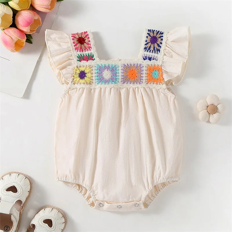 Baby Girl Summer Romper Fly Sleeve Square Neck Crochet Flower Bodysuit Newborn Playsuit