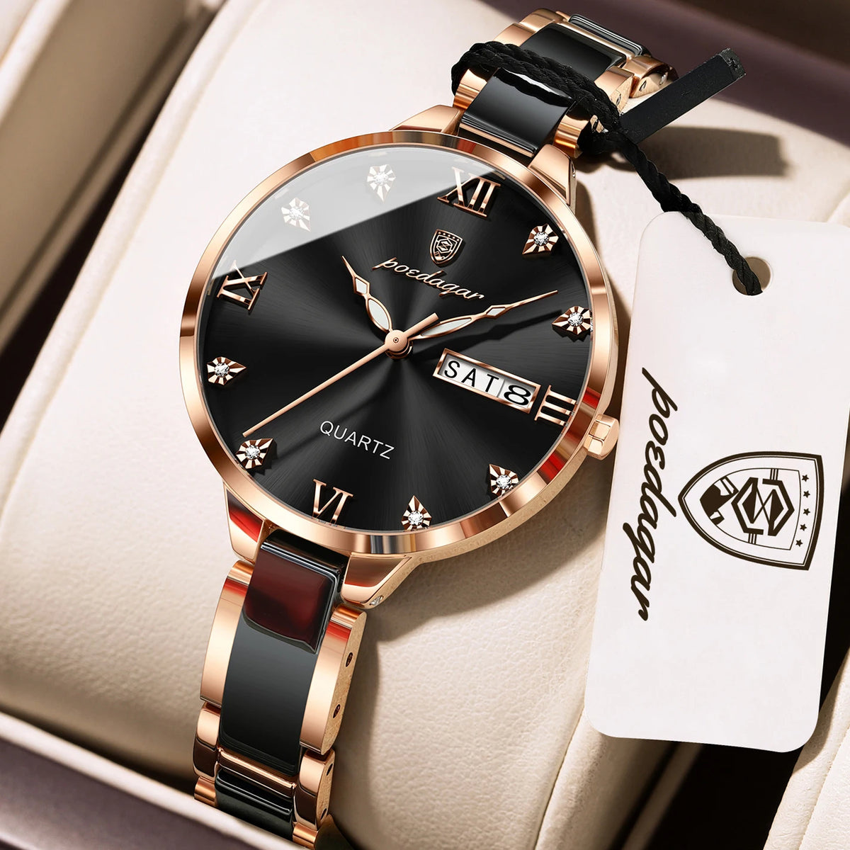 POEDAGAR Fashion Elegant Women Watches Week Date High Quality Waterproof Ladies Quartz Watch Stainless Steel Watch For Woman+Box