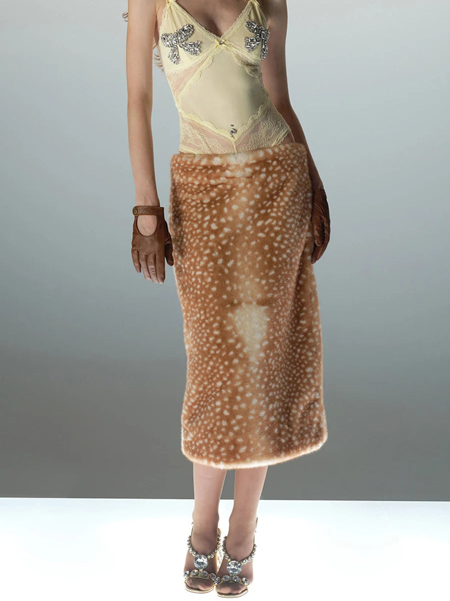 LIMO 2026 New Women Deer Print Faux Fur Skirt High Waist Straight Plush Midi Skirt