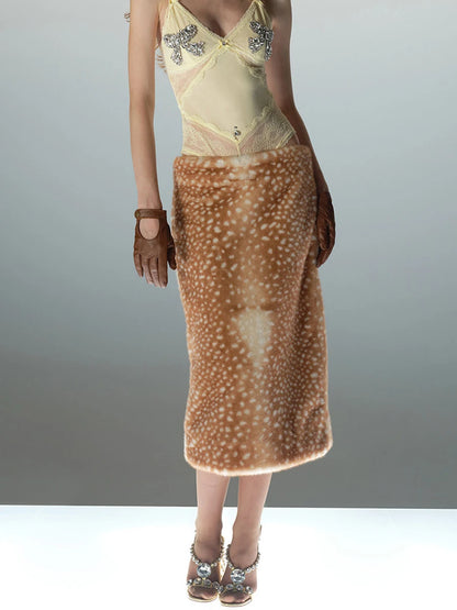 LIMO 2026 New Women Deer Print Faux Fur Skirt High Waist Straight Plush Midi Skirt