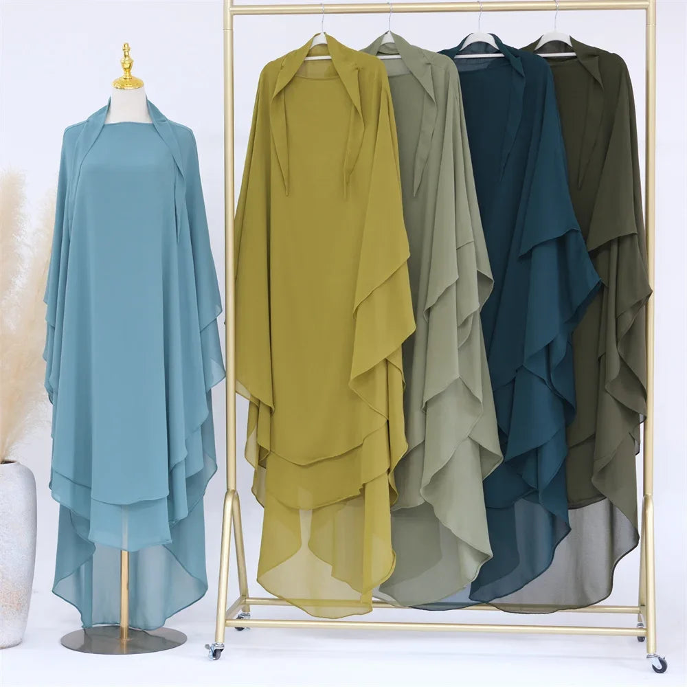 Two Layer Chiffon Extra Long Khimar Niqab Eid Ramadan Muslim Women Islamic Clothing Prayer Garment Overhead Abaya Dress Kaftan
