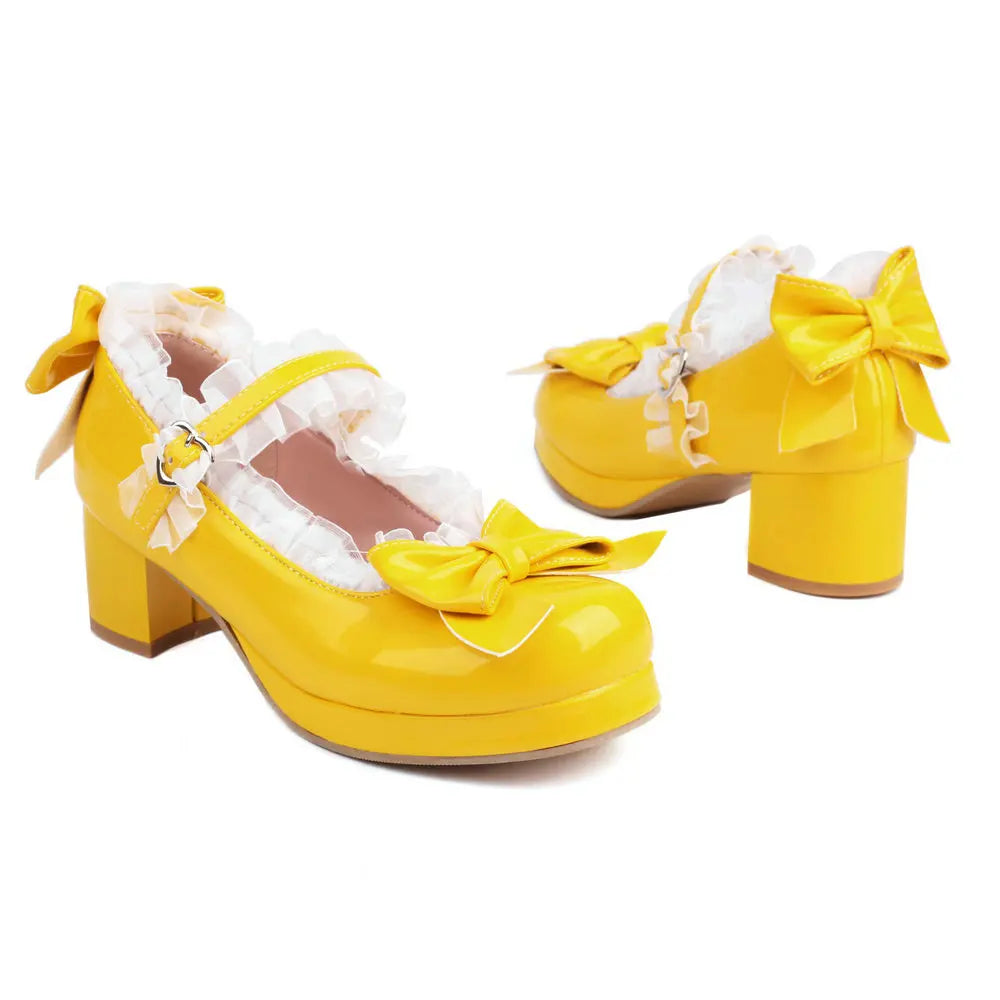 Bow & Ruffle Mary Jane Block-Heel Shoes
