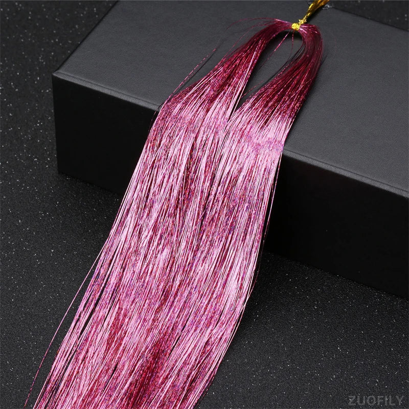 Laser Holographic Hair Tinsel Extensions Rainbow Metallic Shiny Glitter Hair Strand Sparkly Synthetic Hair for Braiding Festival