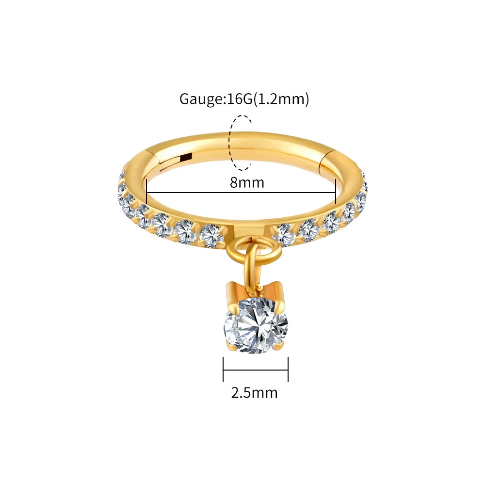 Right Grand ASTM F136 Titanium Round CZ Drop Helix Hoop Ring 16G Dangle Charm Segment Conch Clicker Cartilage Piercing Jewelry