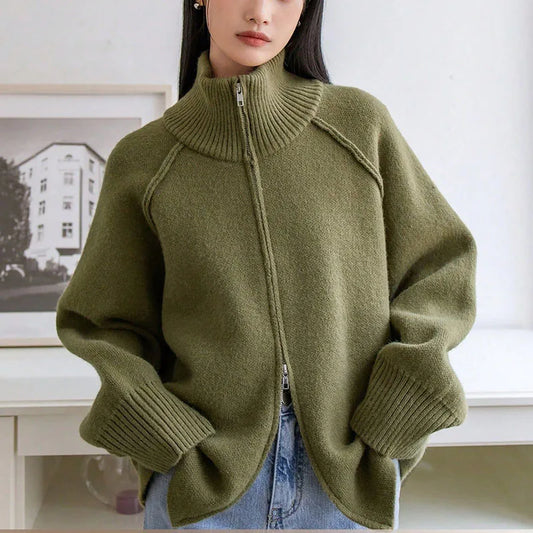 Lazy Style Sweater Jacket for Women 2026 Autumn Winter Thicken Warm Soft Knitted Cardigans Fashion Zipper Stand Collar Cardigan