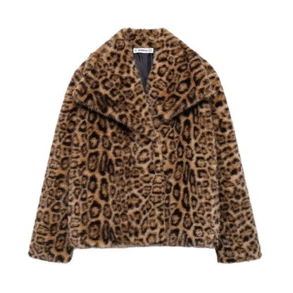 Leopard Print Warm Faux Fur Coat Women Fashion Keep Warm Lapel Collar Long Sleeves Thick Fur Coats Winter New Female Streetwear