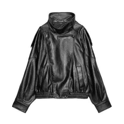 Fashion Stand Collar Women's Leather Jacket Loose Aasymmetric Zipper Buttons Full Sleeve Coat 2026 Spring Lady Biker Streetwear