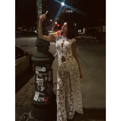 White Lace Embroidery Pant Suit Women Stand Neck Sleeveless Hollow-out Waist Cinching See Through Set Lady Summer Sheer Outfit