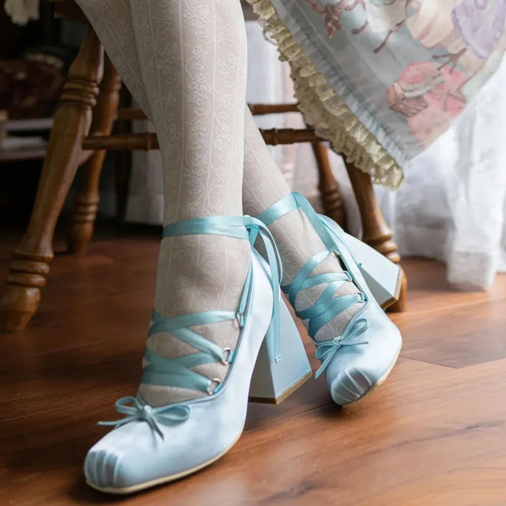 Brand Big Size 43 Square Heels Pink Cross-tied Ballerina Pumps Satin White Lace-up Sweet Lolita Mary Janes Ballet Shoes Women