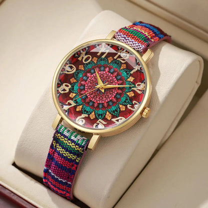 2/3/5PCS Fashion Women Watches Vintage Flowers Printed PU Strap Quartz Watch Reloj Mujer（Without Box）