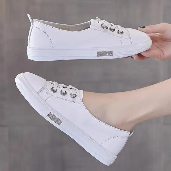 Genuine Leather Casual Sneakers for Women Spring Summer Lace Up Flats Girls Loafers Shoes Ladies Vulcanized Shoes White