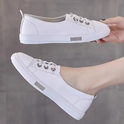 Genuine Leather Casual Sneakers for Women Spring Summer Lace Up Flats Girls Loafers Shoes Ladies Vulcanized Shoes White