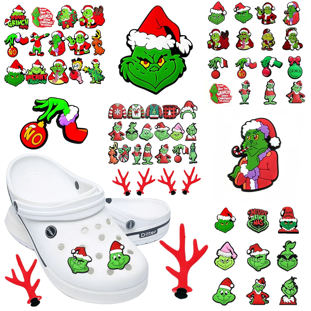 9-22Pcs Christmas Green Cartoon Shoes Charms Cartoon Clog Sandal Garden Shoe Decoration Accessorie Buckles Kids Party Gifts