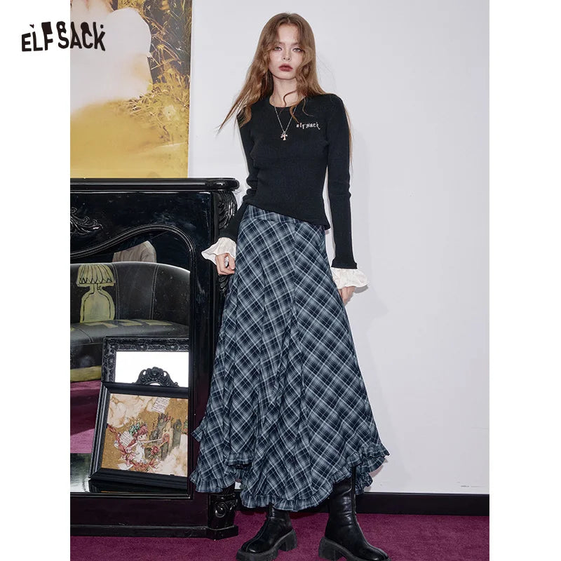 ELFSACK 2025 Autumn New Arrivals Casual Asymmetric Plaid Midi Skirt Irregular Design Long Skirt For Woman