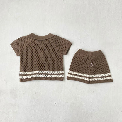 Summer Baby Clothes Hollow Out Turn-down Collar Knitted Sweater Cardigan Shorts Set Baby Sweater Two-piece Set Dgukym