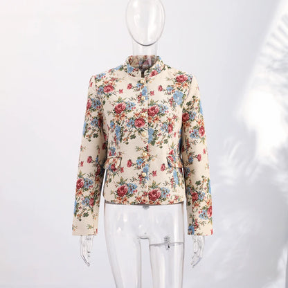 Fashion Flowers Print Coat Women's Stand Collar Single-breasted Full Sleeve Loose Jacket 2026 Autumn New Lady Vintage Streetwear