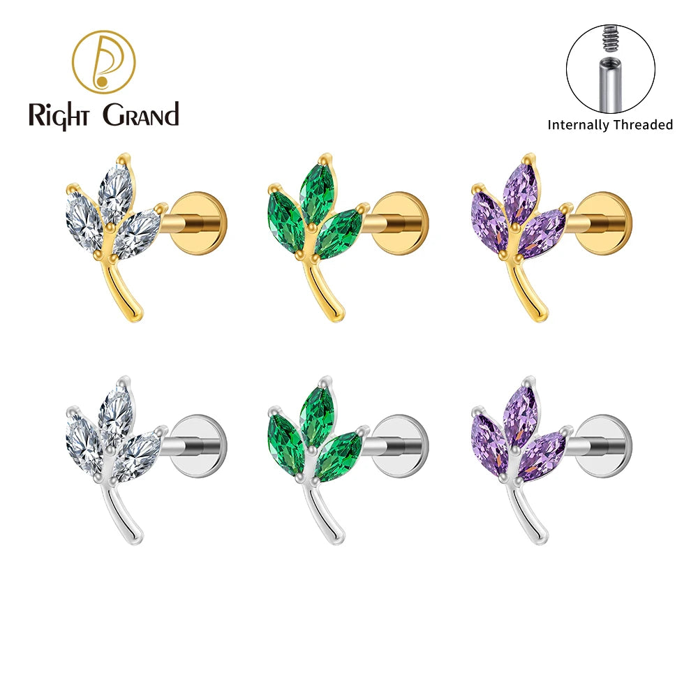 Right Grand ASTM F136 Titanium Triple Marquise CZ Cartilage Earring 16G Dainty Leaf Helix Tragus Stud Ear Piercing Jewelry