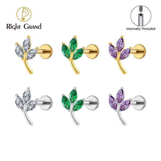 Right Grand ASTM F136 Titanium Triple Marquise CZ Cartilage Earring 16G Dainty Leaf Helix Tragus Stud Ear Piercing Jewelry