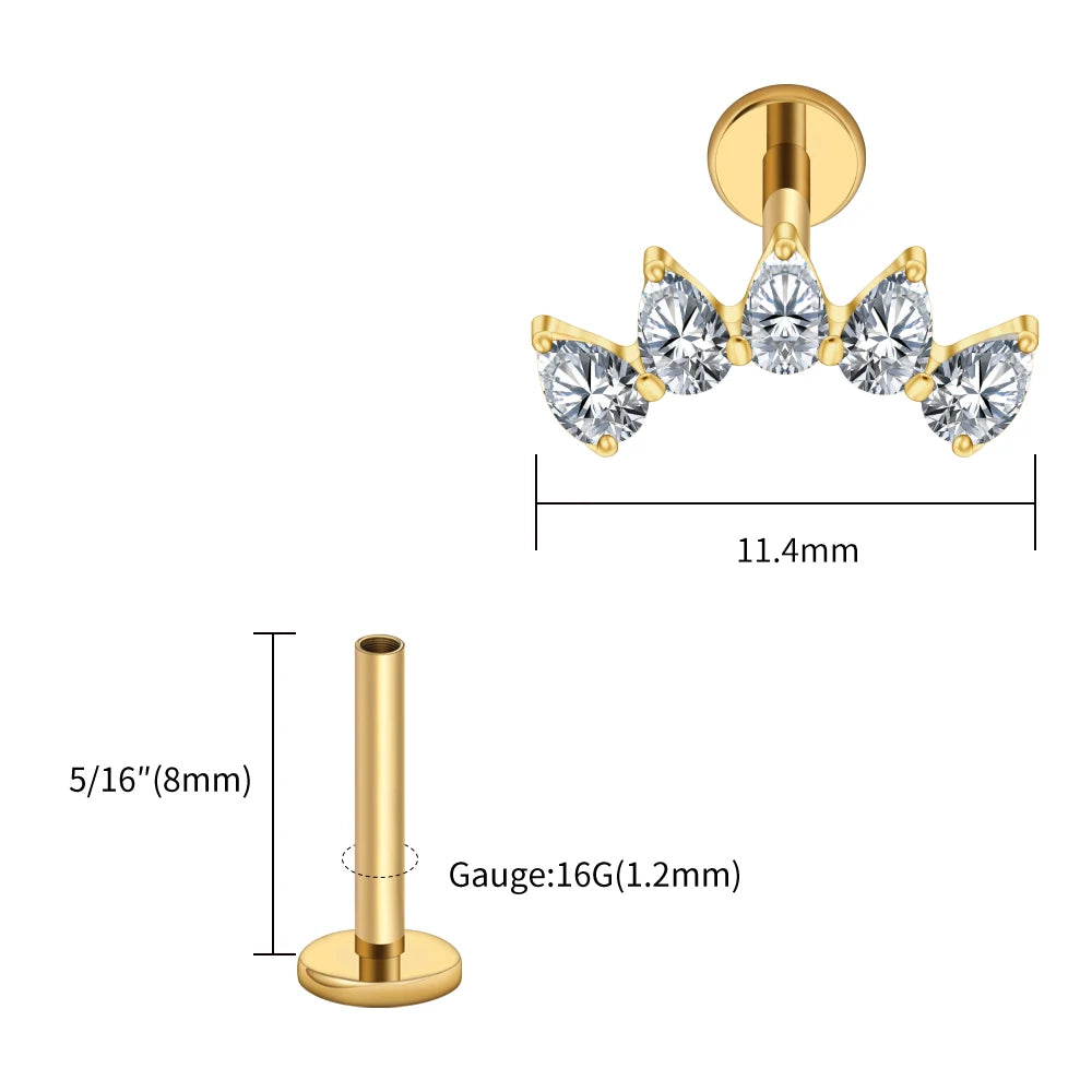 Right Grand ASTM F136 Titanium 5-Pear CZ Crown Cartilage Earring 16G Flat Back Stud Helix Tragus Labret Nose Piercing Jewelry