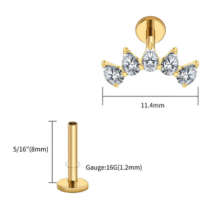 Right Grand ASTM F136 Titanium 5-Pear CZ Crown Cartilage Earring 16G Flat Back Stud Helix Tragus Labret Nose Piercing Jewelry