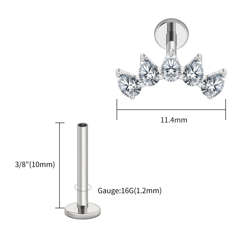 Right Grand ASTM F136 Titanium 5-Pear CZ Crown Cartilage Earring 16G Flat Back Stud Helix Tragus Labret Nose Piercing Jewelry