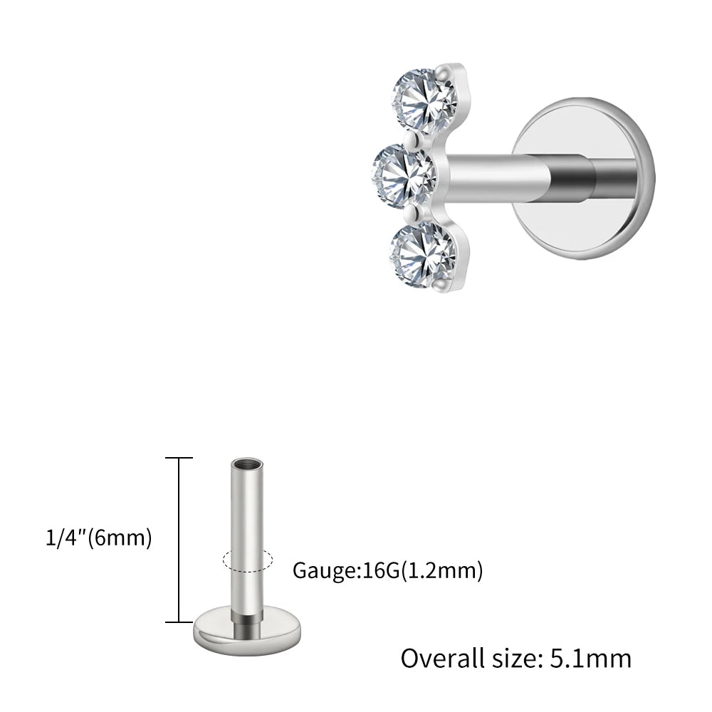 Right Grand ASTM F136 Titanium Triple CZ Helix Tragus Flat Back Earring 16G Dainty Ear Climber Cartilage Stud Piercing Jewelry