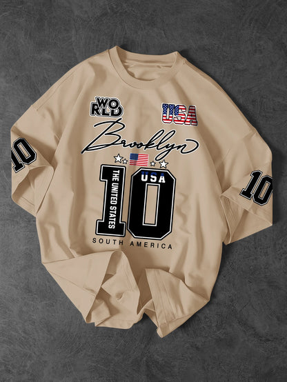 Men's & Women's USA Brooklyn 10 Varsity Graphic T-Shirt American Flag Print Y2K Streetwear Oversized Crew Neck Tee