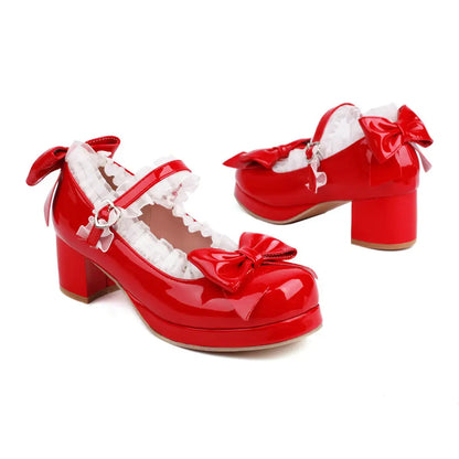 Bow & Ruffle Mary Jane Block-Heel Shoes