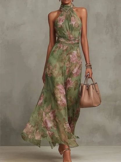 Women Floral Print Short Sleeve Maxi Dress Fashion V-neck Ruffle Trim Belted Slit Hem Dresses Casual Lady Daily Vacation Gowns