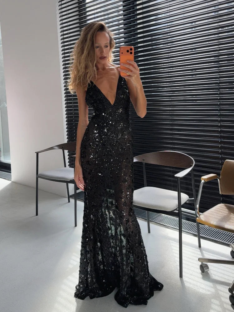 Women Elegant Sequin Mermaid Maxi Dress Elegant Spaghetti Strap Deep V Neck Bodycon Slim Gown Lady Evening  Party Long Dresses