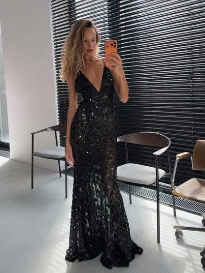 Women Elegant Sequin Mermaid Maxi Dress Elegant Spaghetti Strap Deep V Neck Bodycon Slim Gown Lady Evening  Party Long Dresses