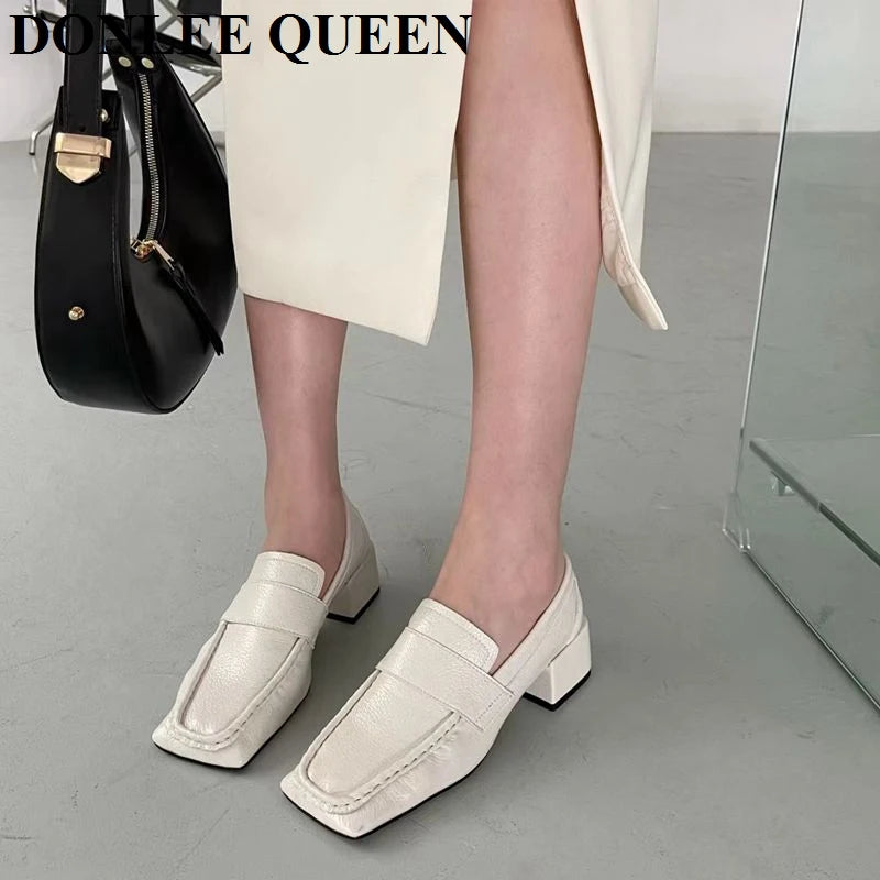 Women Casual Loafers Simple Style Square Toe Low Heels Pumps Fashion British Moccasin Female Slip On Shoes For Party Dress Mujer