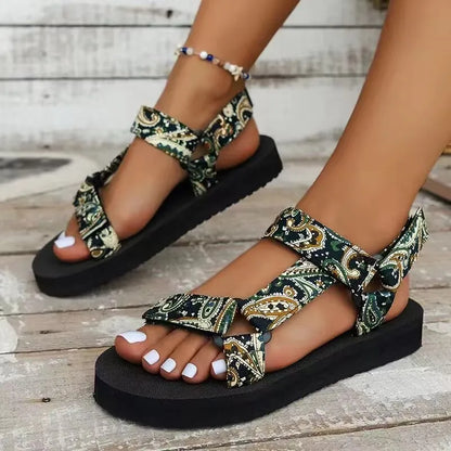 Summer Flat Women's Shoes Outdoor Sandals Casual Women Slippers Hemp Rope Set Foot Beach Sandals Large Size Hook & Loop Sandals