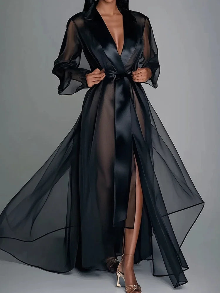 Organza See-Through Long Sleeve Lace Up Robe Maxi Dress Elegant Vintage Sexy V-Neck Sheer Mesh Split Hem Casual Maxi Dresses