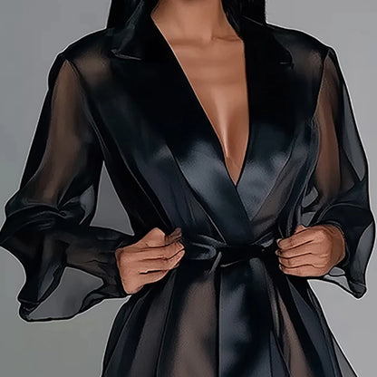 Organza See-Through Long Sleeve Lace Up Robe Maxi Dress Elegant Vintage Sexy V-Neck Sheer Mesh Split Hem Casual Maxi Dresses